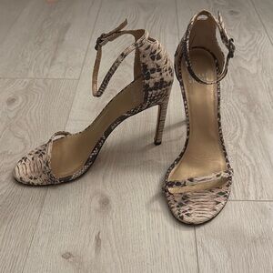 Light Beige Stiletto Heels with Ankle Strap and Snakeskin Pattern